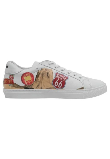 Men Vegan Leather White Sneakers - Route 66 Design - 