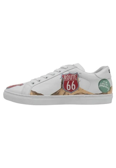 Men Vegan Leather White Sneakers - Route 66 Design - 