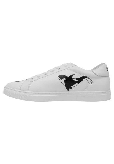 Men Vegan Leather White Sneakers - Flowing Orca Design - 