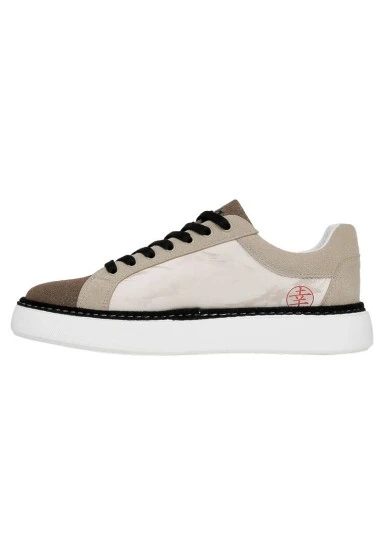 Men Vegan Leather White Sneakers - Japanese in Red Design - 
