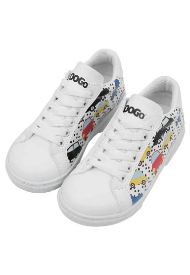 Unisex Çocuk Vegan Deri Beyaz Sneakers - Just Go Somewhere Tasarım - 