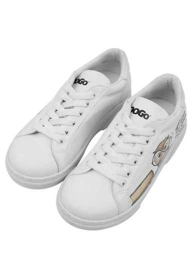 Unisex Çocuk Vegan Deri Beyaz Sneakers - The Wise Owl Tasarım - 
