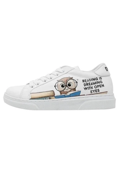 Unisex Çocuk Vegan Deri Beyaz Sneakers - The Wise Owl Tasarım - 