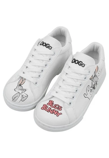 Unisex Çocuk Vegan Deri Beyaz Sneakers - Warner Bros What's up Doc Bugs Bunny Tasarım - 