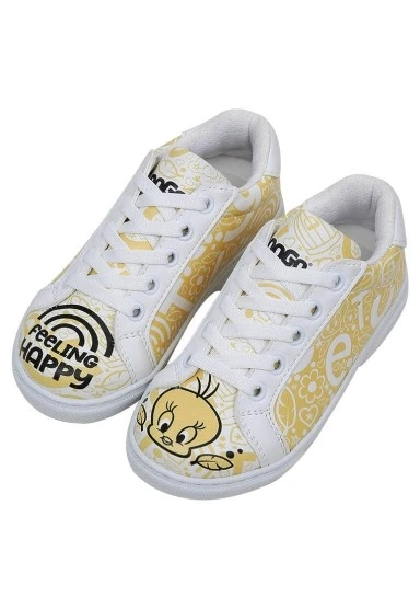 Unisex Çocuk Vegan Deri Beyaz Sneakers - Warner Bros Tweety Feeling Happy Tasarım - 