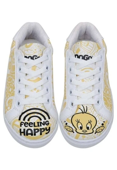 Unisex Çocuk Vegan Deri Beyaz Sneakers - Warner Bros Tweety Feeling Happy Tasarım - 
