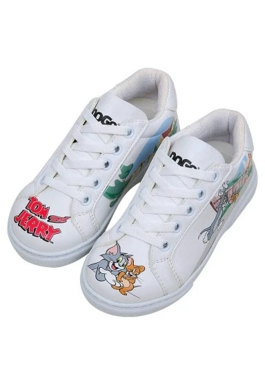 Unisex Çocuk Vegan Deri Beyaz Sneakers - Warner Bros Tom ve Jerry Together-and-Apart Tasarım - 