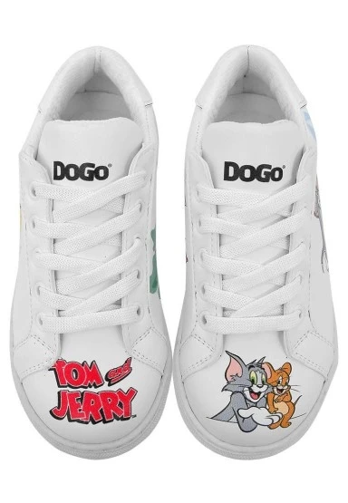 Unisex Çocuk Vegan Deri Beyaz Sneakers - Warner Bros Tom ve Jerry Together-and-Apart Tasarım - 