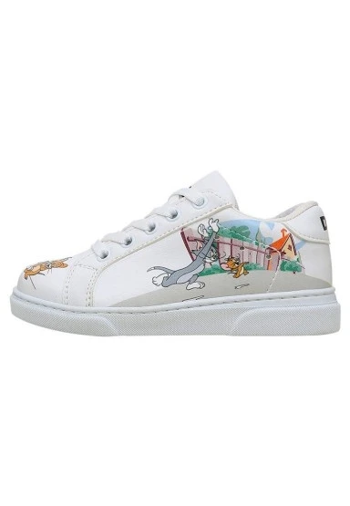 Unisex Çocuk Vegan Deri Beyaz Sneakers - Warner Bros Tom ve Jerry Together-and-Apart Tasarım - 