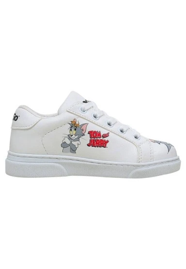 Unisex Çocuk Vegan Deri Beyaz Sneakers - Warner Bros Tom ve Jerry Together-and-Apart Tasarım - 