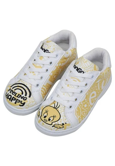 Enfants Cuir Vegan Blanc Baskets - Warner Bros Tweety Feeling Happy Motif - 