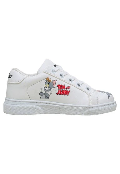 Enfants Cuir Vegan Blanc Baskets - Warner Bros Tom et Jerry Together-and-Apart Motif - 