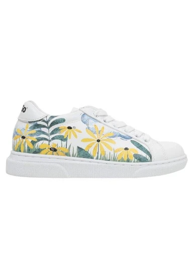 Enfants Cuir Vegan Blanc Baskets - Oh The Bliss Motif - 
