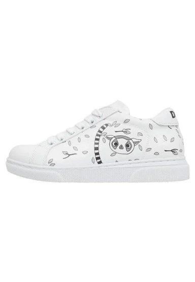 Enfants Cuir Vegan Blanc Baskets - Lemur Motif - 