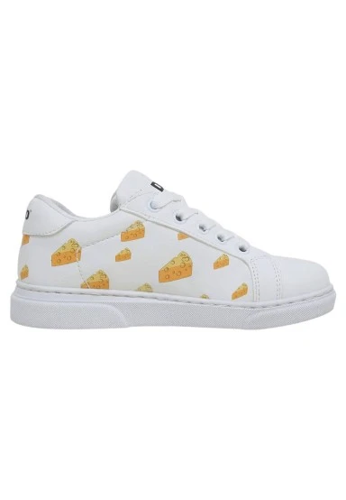 Enfants Cuir Vegan Blanc Baskets - Mission Cheese Possible Motif - 