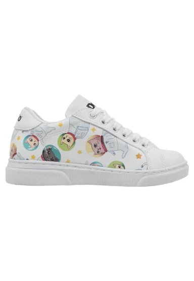 Unisex Kids Vegan Leather White Sneakers - Cats of Space Design - 