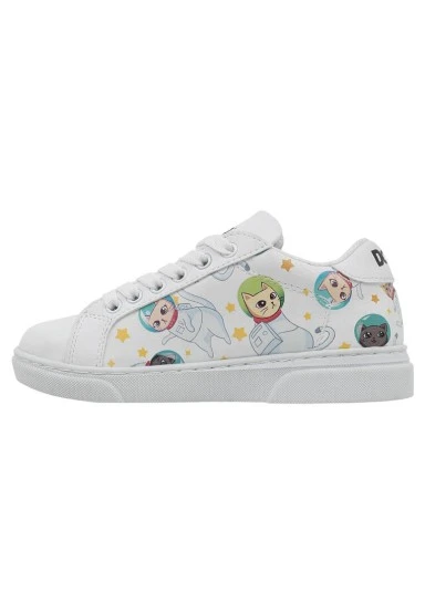Unisex Kids Vegan Leather White Sneakers - Cats of Space Design - 