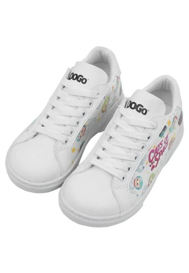 Unisex Kids Vegan Leather White Sneakers - Cats of Space Design - 