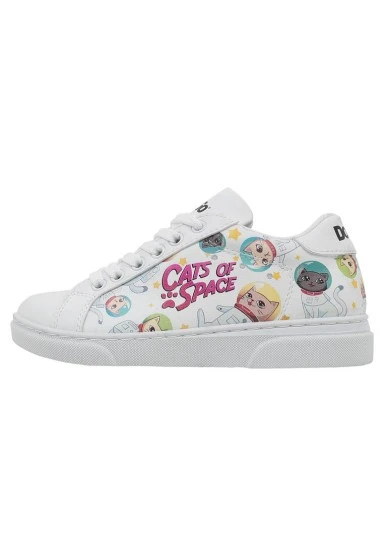 Unisex Kids Vegan Leather White Sneakers - Cats of Space Design - 