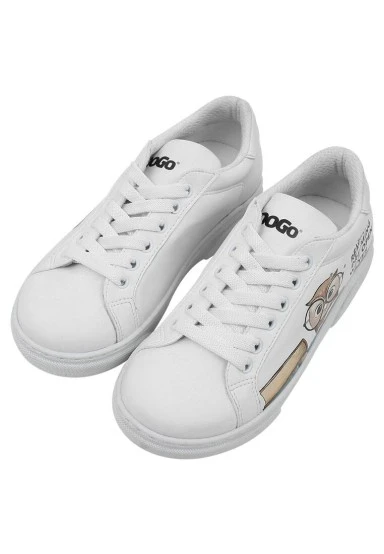 Unisex Kids Vegan Leather White Sneakers - The Wise Owl Design - 