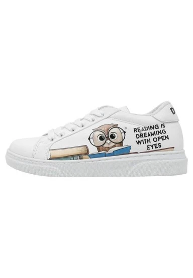 Unisex Kids Vegan Leather White Sneakers - The Wise Owl Design - 
