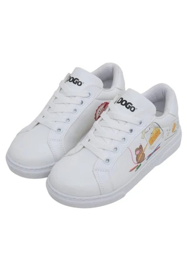 Unisex Kids Vegan Leather White Sneakers - Mission Cheese Possible Design - 