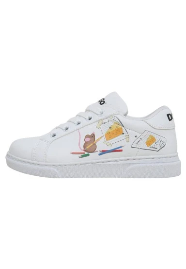 Unisex Kids Vegan Leather White Sneakers - Mission Cheese Possible Design - 