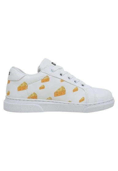 Unisex Kids Vegan Leather White Sneakers - Mission Cheese Possible Design - 