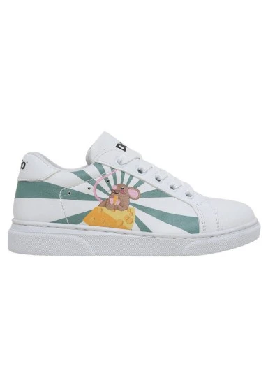 Unisex Kids Vegan Leather White Sneakers - Mission Cheese Possible Design - 