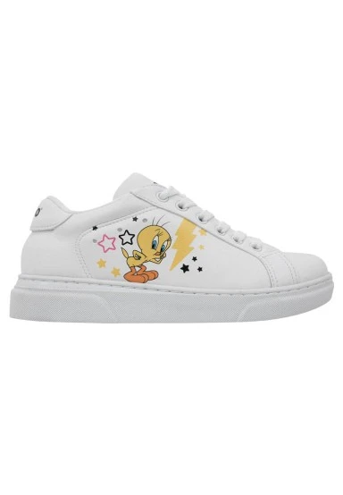 Unisex Kids Vegan Leather White Sneakers - Warner Bros Best of Tweety and Sylvester Design - 