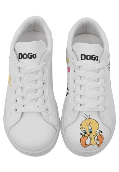 Unisex Kids Vegan Leather White Sneakers - Warner Bros Best of Tweety and Sylvester Design - 