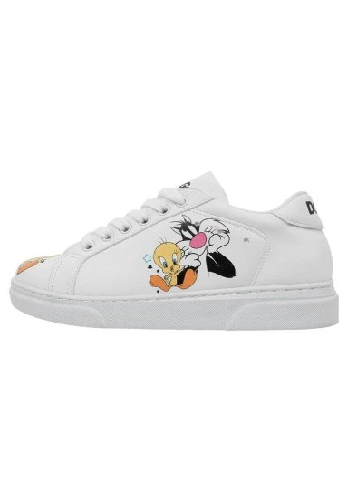 Unisex Kids Vegan Leather White Sneakers - Warner Bros Best of Tweety and Sylvester Design - 