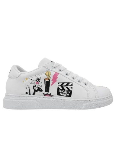 Unisex Kids Vegan Leather White Sneakers - Warner Bros Best of Tweety and Sylvester Design - 