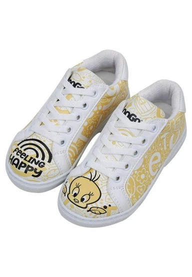 Unisex Kids Vegan Leather White Sneakers - Warner Bros Feeling-Happy Design - 