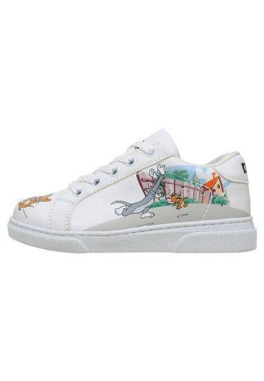 Unisex Kids Vegan Leather White Sneakers - Warner Bros Together-and-Apart Design - 