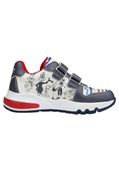 Unisex Kids Vegan Leather Velcro Navy Sneakers - Warner Bros Marine Tunes Looney Tunes Design - 