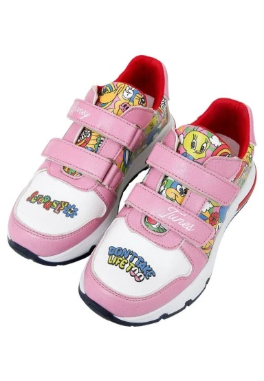Unisex Kids Vegan Leather Velcro Pink Sneakers - Warner Bros Seriously Looney Tunes Design - 