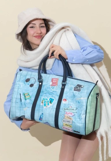 Unisex Vegan Leather Blue Duffle Bag - Ready to Travel Design - 
