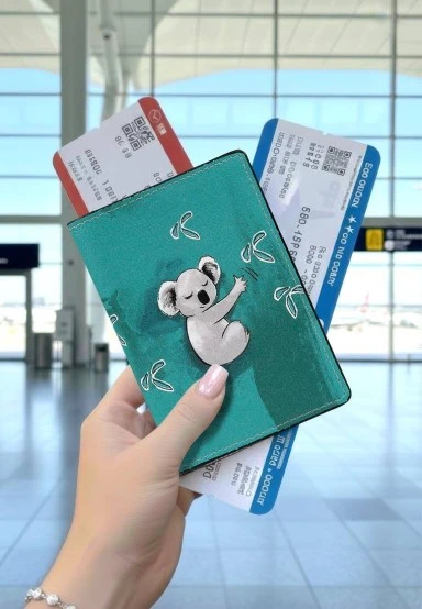 Unisex Vegan Turquoise Passport Cover - Koala Hug Design - 
