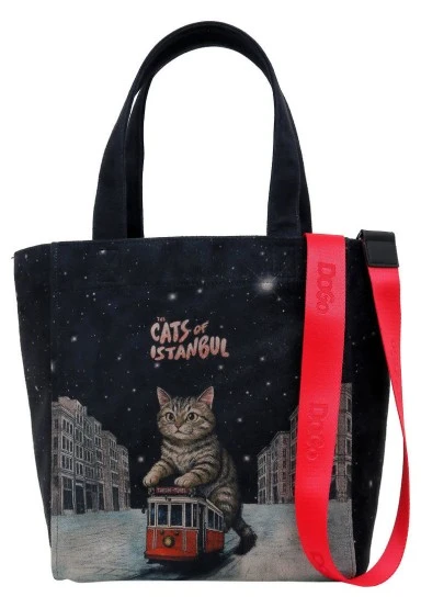 Women Vegan Black Large Tote Bag - Paws on Taksim Design - 