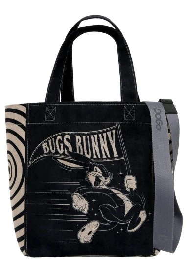Women Vegan Black Large Tote Bag - Warner Bros What's Up, Bag! Design - 