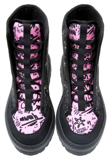 Women Vegan Black Long Boots - Doodle Camo Design - 