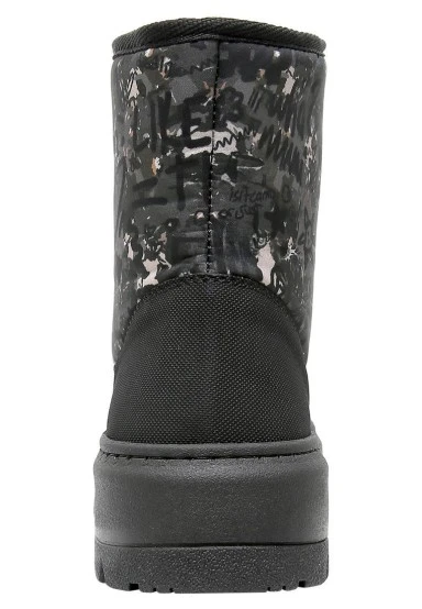 Women Vegan Black Long Boots - Doodle Camo Design - 