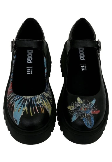 Women Vegan Leather Black Mary Jane Loafer - Passion Flower Design - 