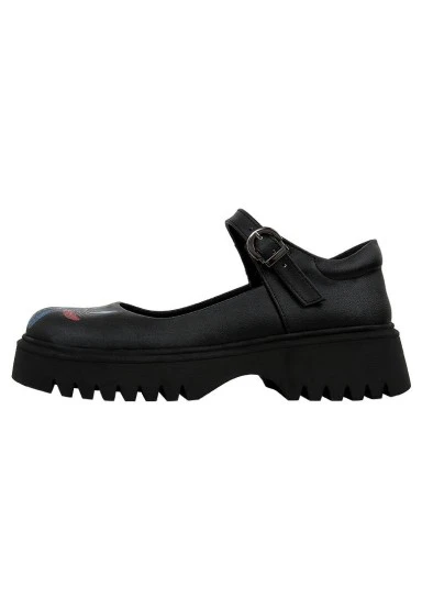 Women Vegan Leather Black Mary Jane Loafer - Passion Flower Design - 