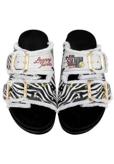 Women Vegan Black Slippers - Warner Bros Zebra Looney Tunes Design - 