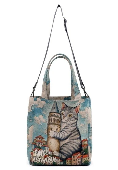 Women Vegan Blue Large Tote Bag - Galata Cat Design - 