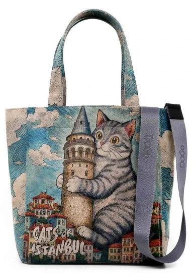 Women Vegan Blue Large Tote Bag - Galata Cat Design - 
