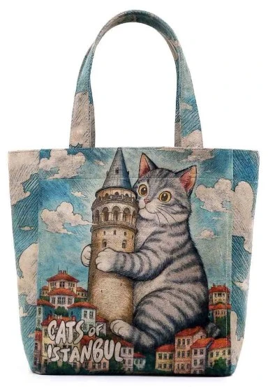 Women Vegan Blue Large Tote Bag - Galata Cat Design - 