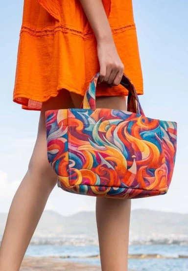 Women Vegan Blue Medium Tote Bag - Spirals of Colour Design - 